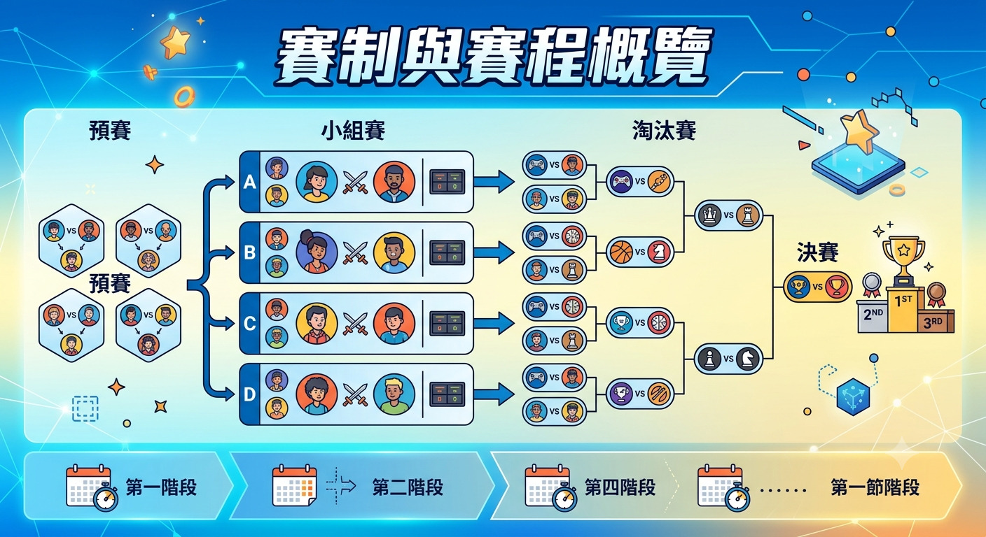 這是一張呈現競賽賽制與流程的資訊圖表,標題為「賽制與賽程概覽」。 圖中以清晰的流程圖展示了從預賽、小組賽到淘汰賽及決賽的結構,並配有階段時程示意。