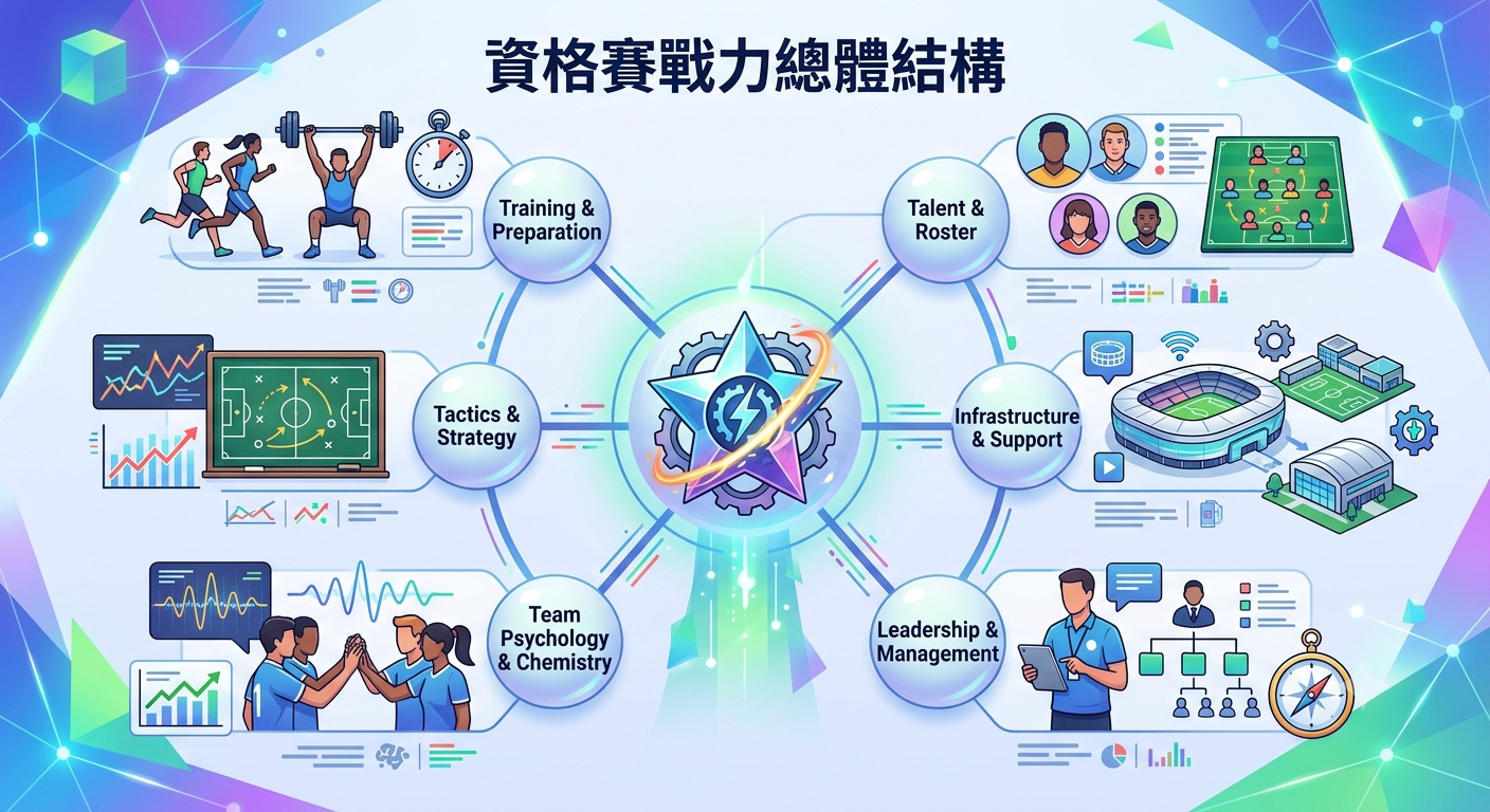 這張圖表以「資格賽戰力總體結構」為核心，展示了訓練、人才、戰術、基礎設施、團隊心理及管理六大關鍵戰力要素。 圖像設計簡潔明瞭，將複雜的賽事籌備系統視覺化，強調了各維度如何協同運作以提升整體競爭力。